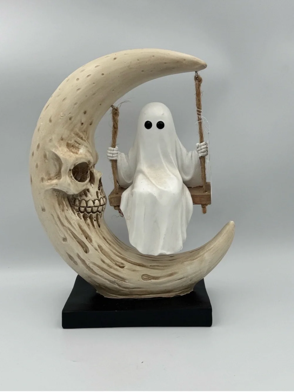 Ghost on Crescent Moon Figurine - White & Tan Halloween Decor